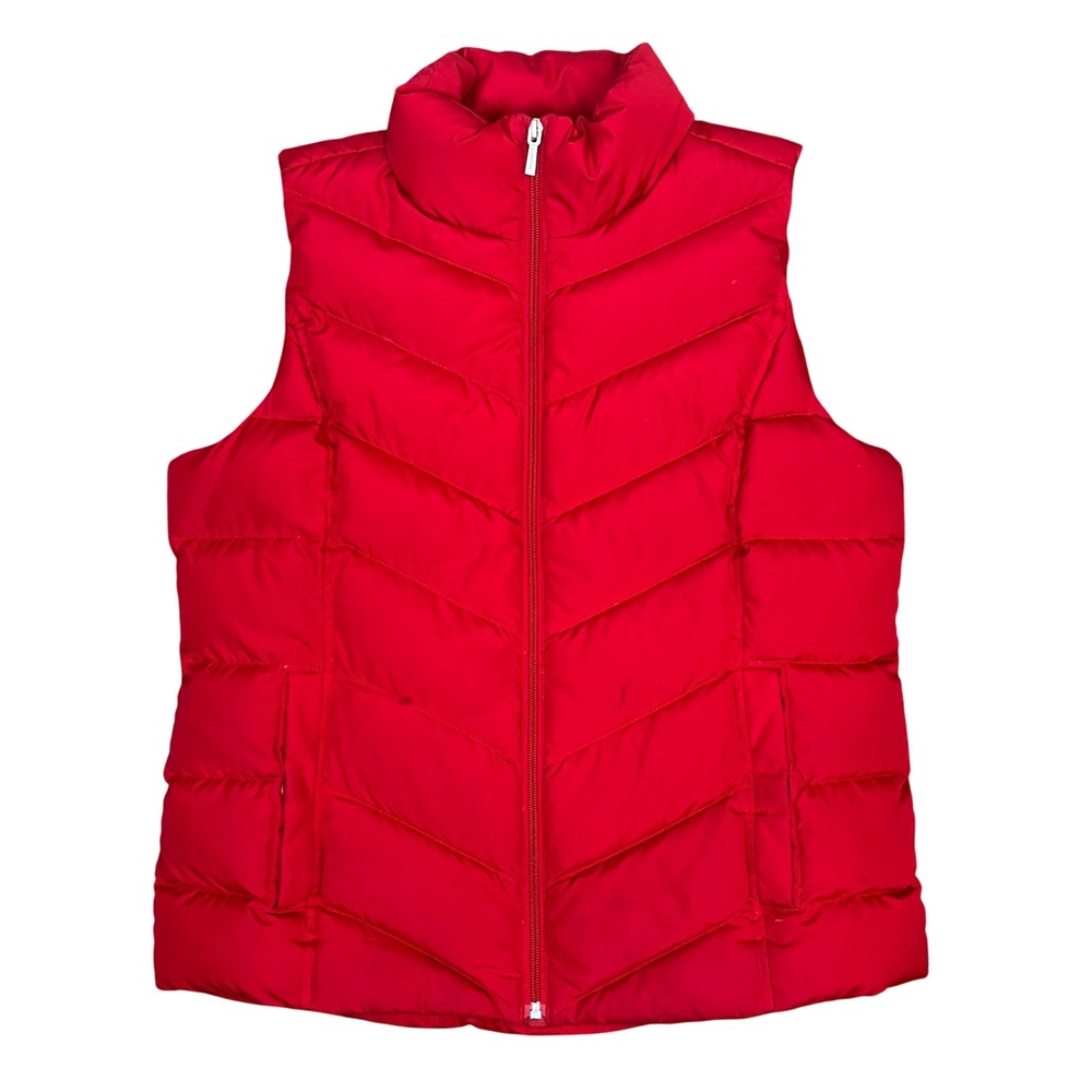 Lands' End Womens Red Down Puffer Vest Chevron Quilted Size M 10-12 Full Zip